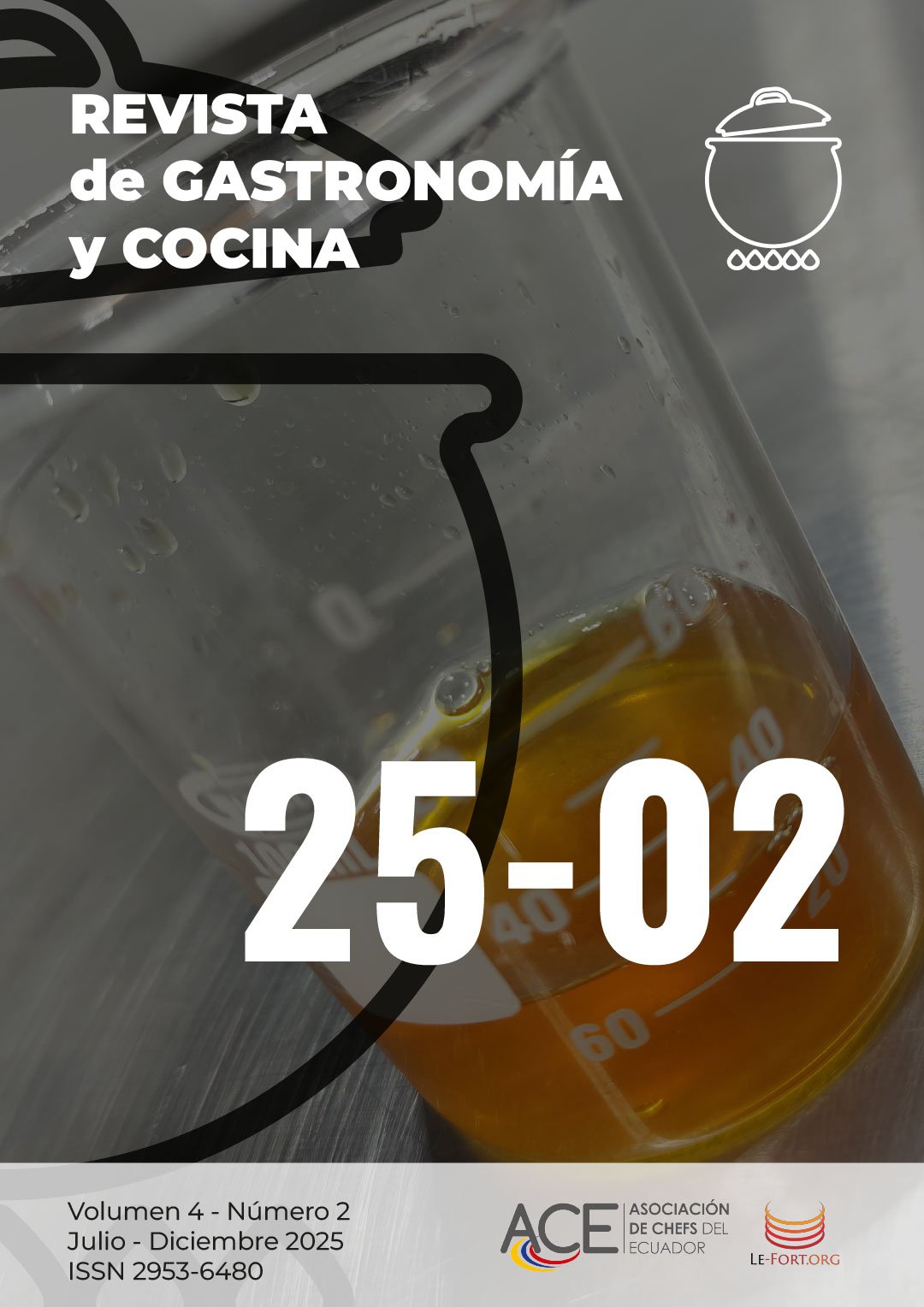 Portada volumen 4 nro. 2 Revista d eGastronomía y Cocina. Muestra un vaso de precipitado.