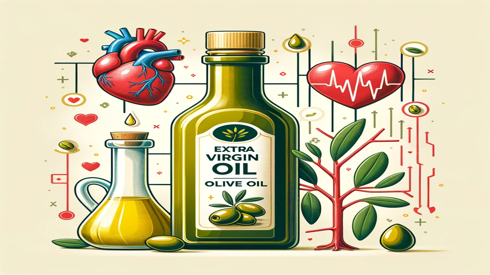 Imagen que muestra aceite de oliva, corazones y electrocardiograma